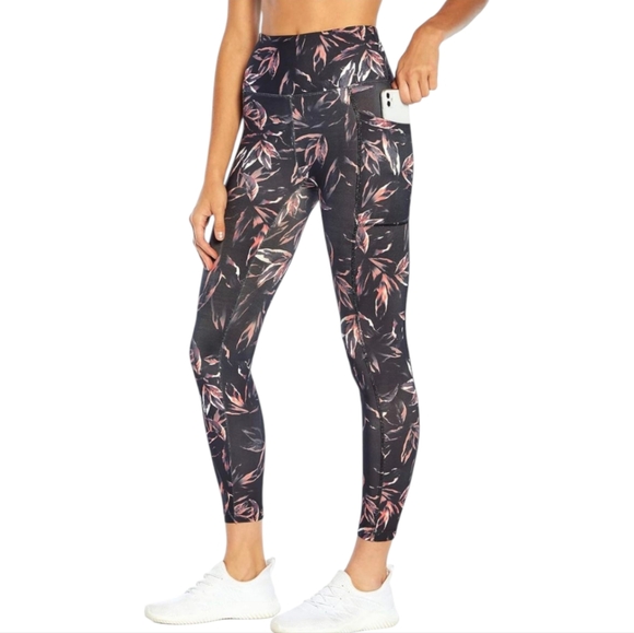 Bally Total Fitness Womens Floral Athletic Leggings Nwt Black & Pink Size Medium